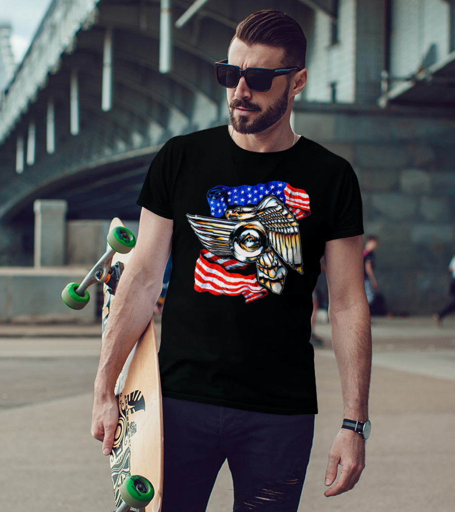 American Motorcycle Biker Eagle Emblem With Flag Wings T-Shirt