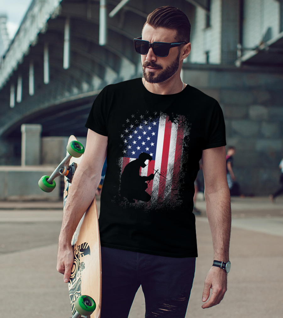 Welder Silhouette With American Flag USA Patriotic T-Shirt
