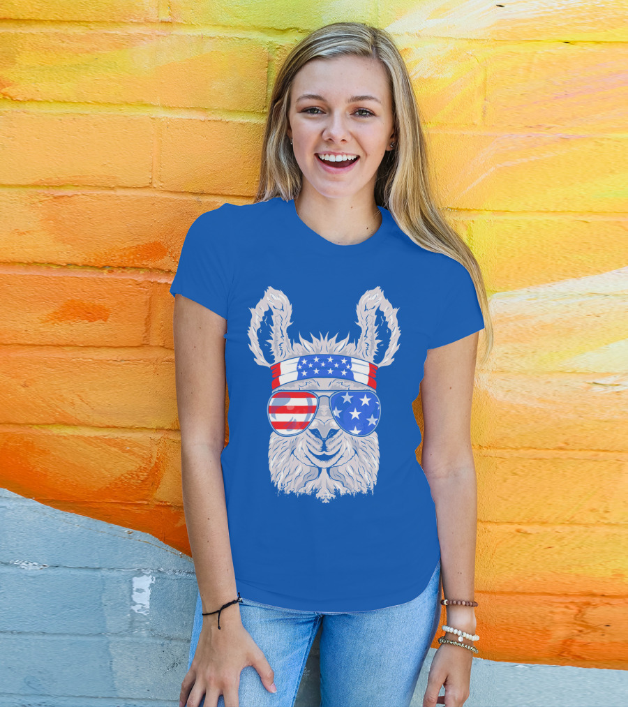 Patriotic Llama With American Flag Sunglasses And Headband For USA Independence Day T-Shirt