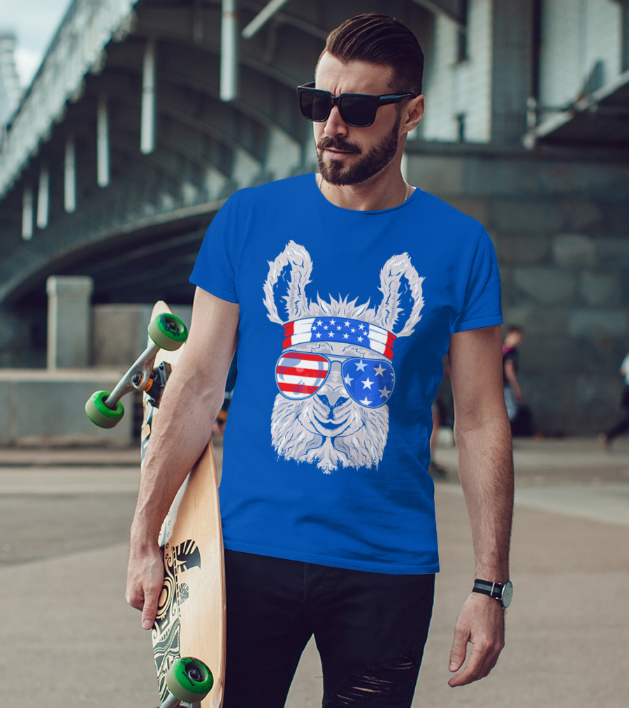 Patriotic Llama With American Flag Sunglasses And Headband For USA Independence Day T-Shirt