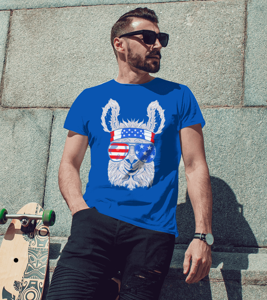Patriotic Llama With American Flag Sunglasses And Headband For USA Independence Day T-Shirt