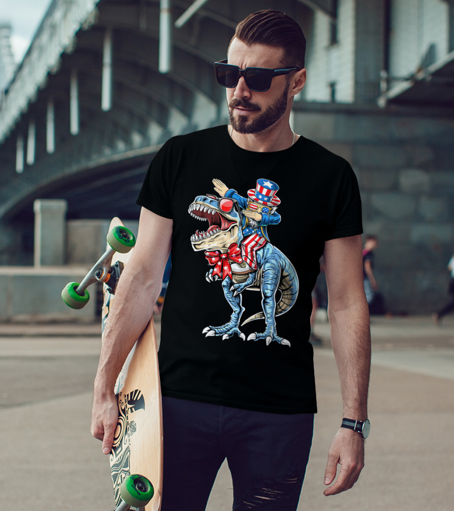 Dabbing Uncle Sam On Dinosaur With Patriotic Stars And Stripes Hat And Sunglasses T-Shirt