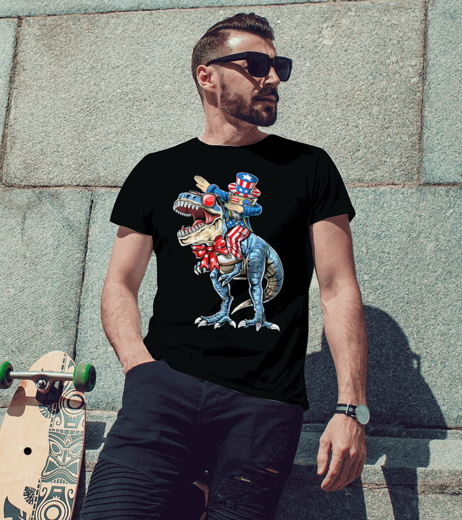Dabbing Uncle Sam On Dinosaur With Patriotic Stars And Stripes Hat And Sunglasses T-Shirt