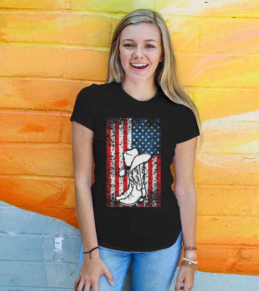 Cowboy Hat Boots American Flag Patriotic T-Shirt