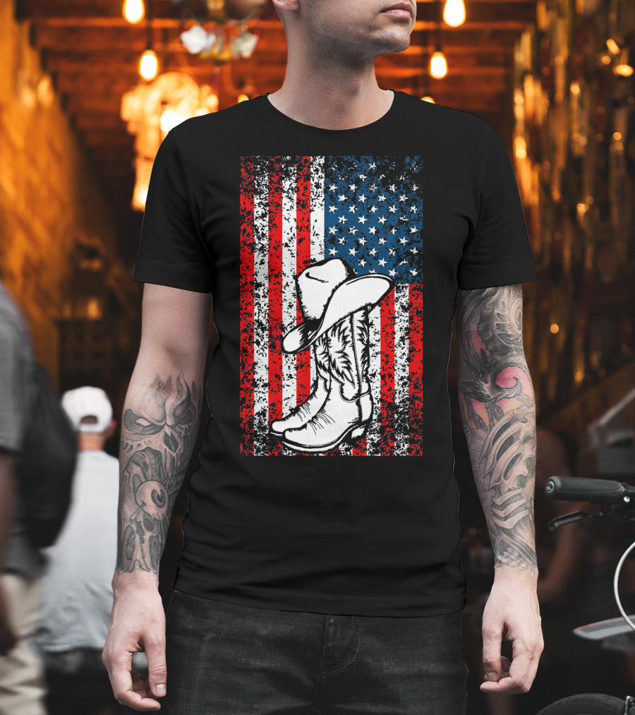 Cowboy Hat Boots American Flag Patriotic T-Shirt