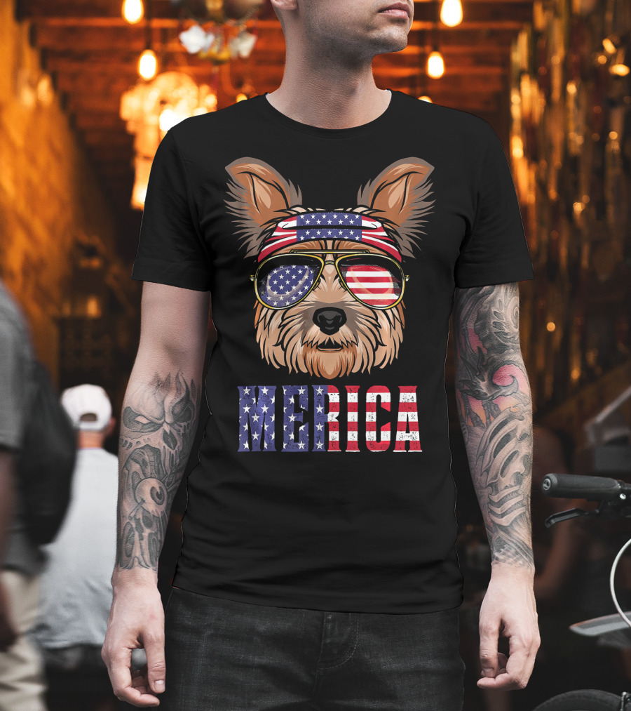 Yorkie Dog Merica American Flag Sunglasses Bandana T-Shirt