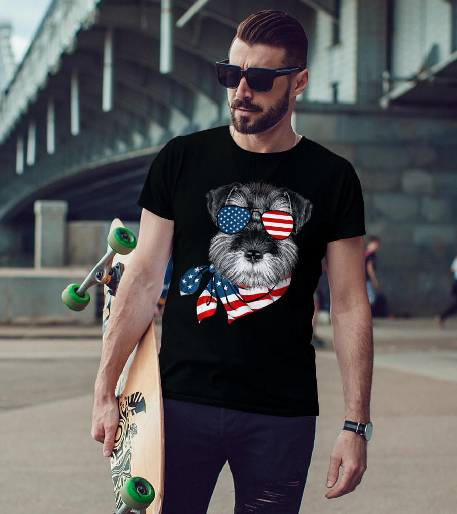 Schnauzer With American Flag Sunglasses And Scarf Patriotic T-Shirt