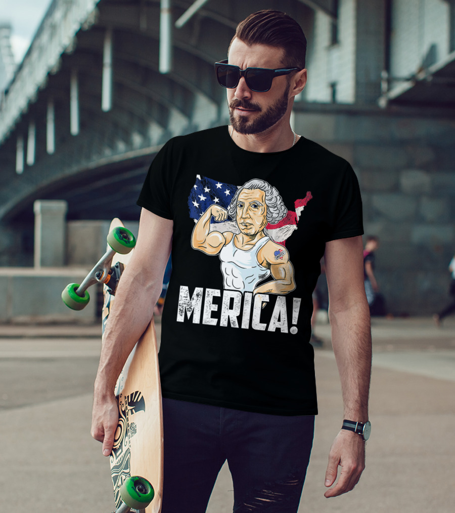 George Washington Muscles Merica USA Flag Background T-Shirt