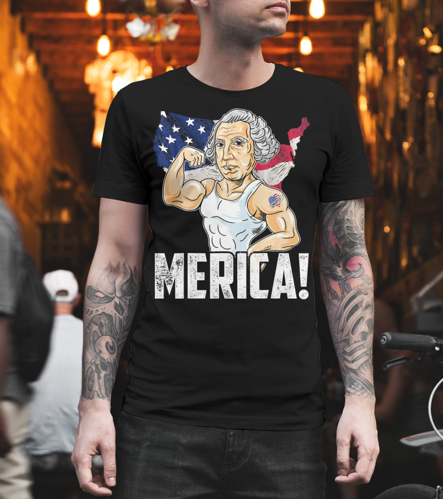 George Washington Muscles Merica USA Flag Background T-Shirt