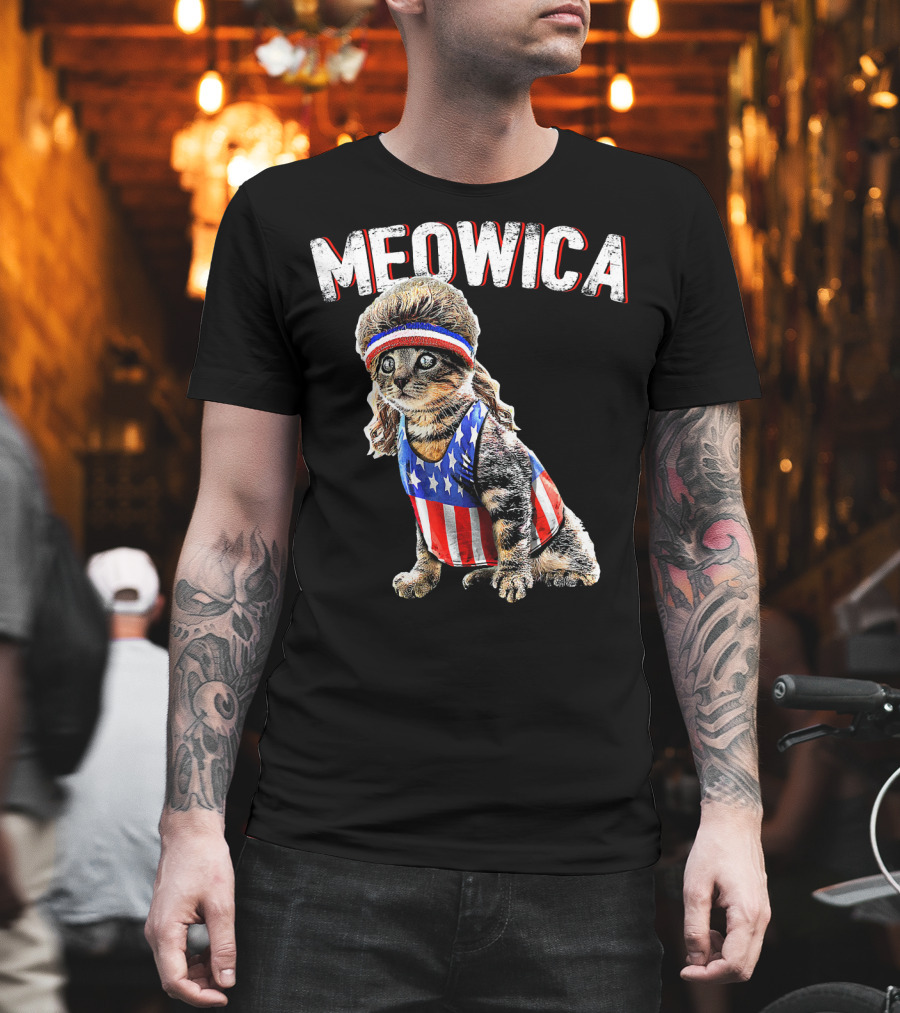 Meowica Cat Mullet American Flag Headband Stars and Stripes Tank Top T-Shirt