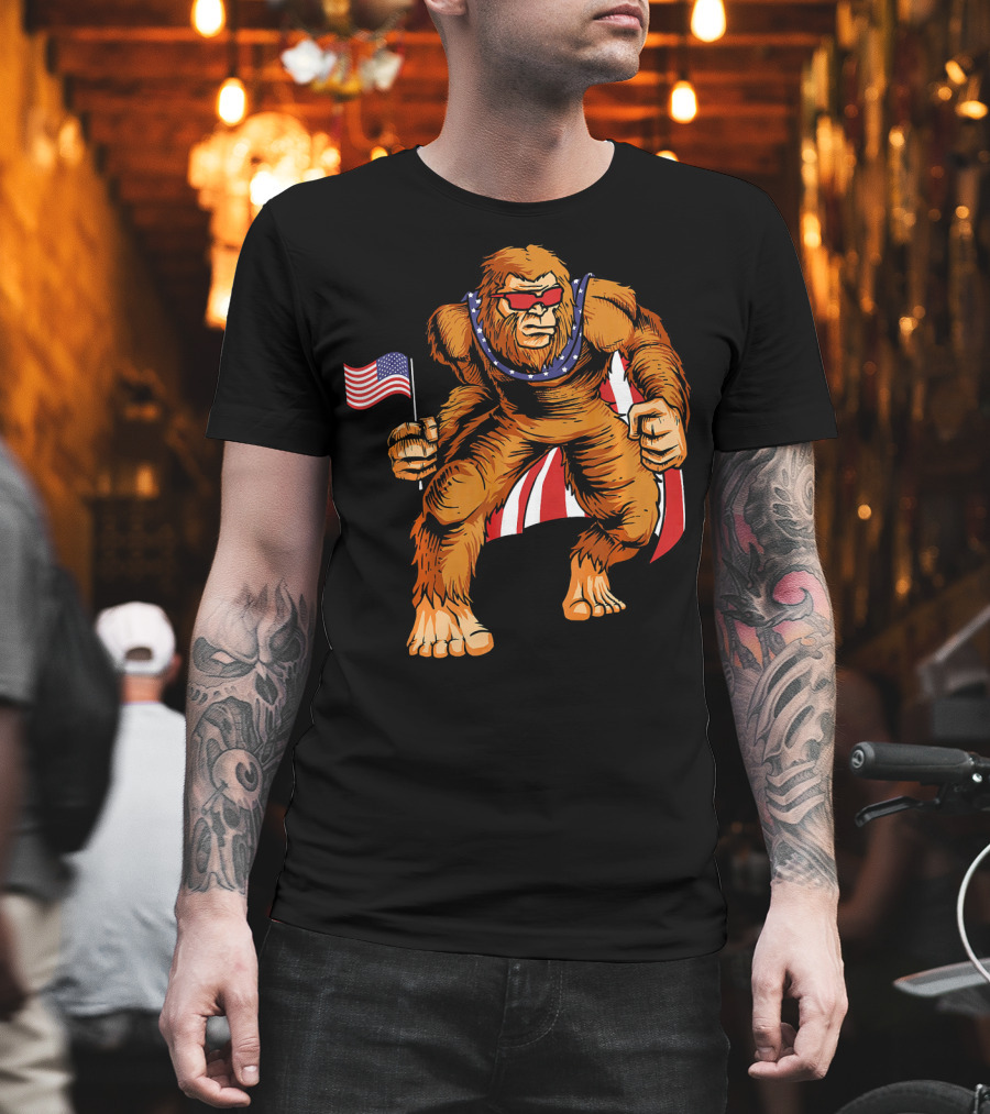 Bigfoot Patriotic American Flag Sunglasses Flag-Waving Stance T-Shirt