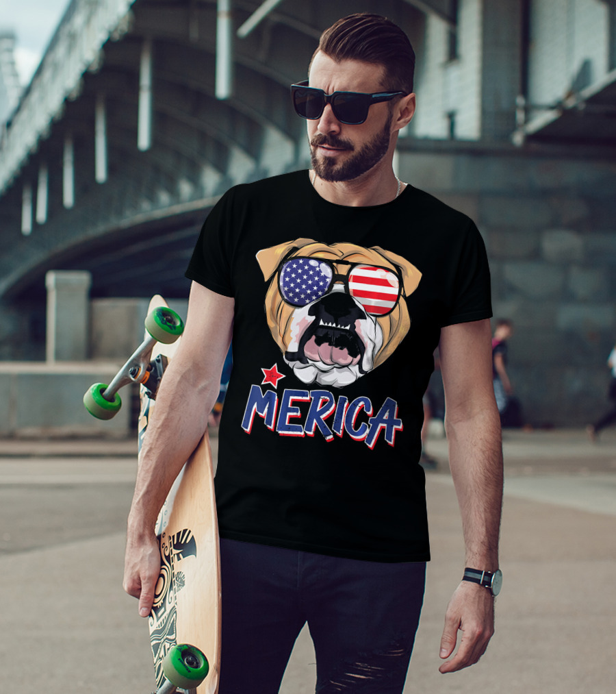English Bulldog Sunglass Merica American Flag T-Shirt