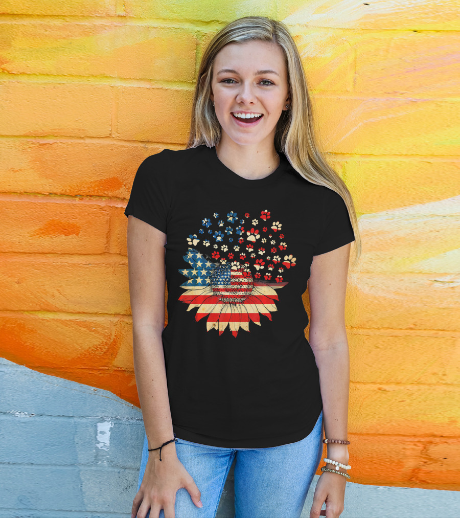 American Flag Sunflower With Dog Paw T-Shirt