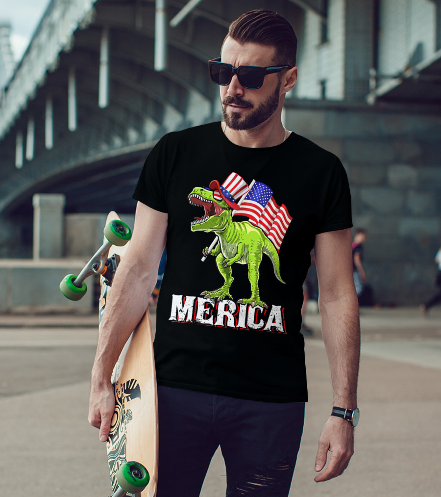 'Merica Patriotic Rex Dinosaur With American Flags And Hat T-Shirt