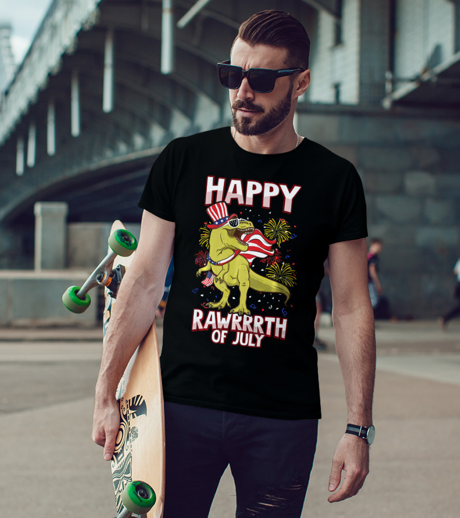 Happy Rawrrrth Of July American Flag Tyrannosaurus Rex T-Shirt