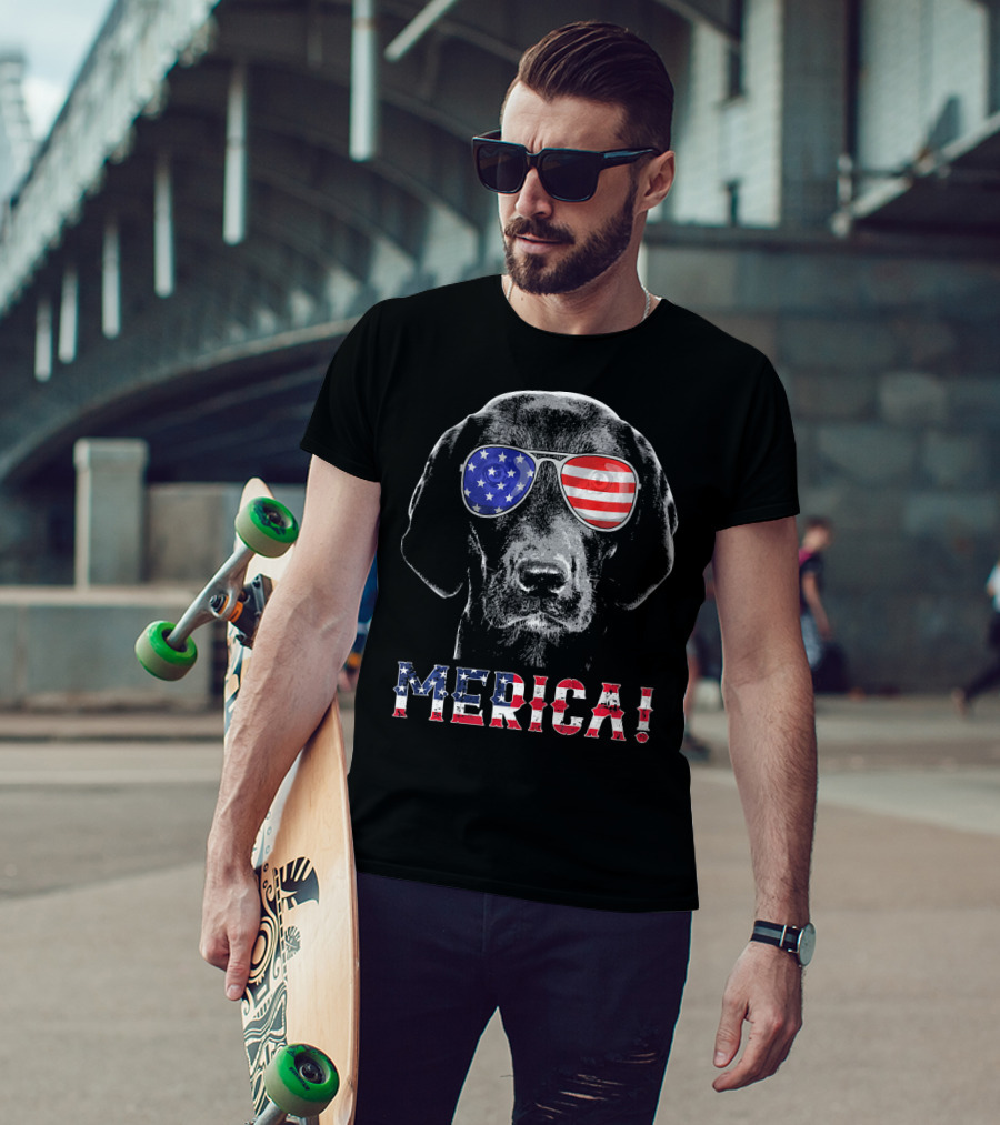 'Merica Labrador Black Lab American Flag Sunglasses T-Shirt