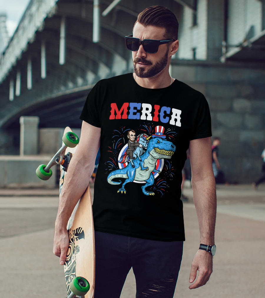 Merica Abe Lincoln Riding Unicorn On T-Rex With Patriotic Hat T-Shirt