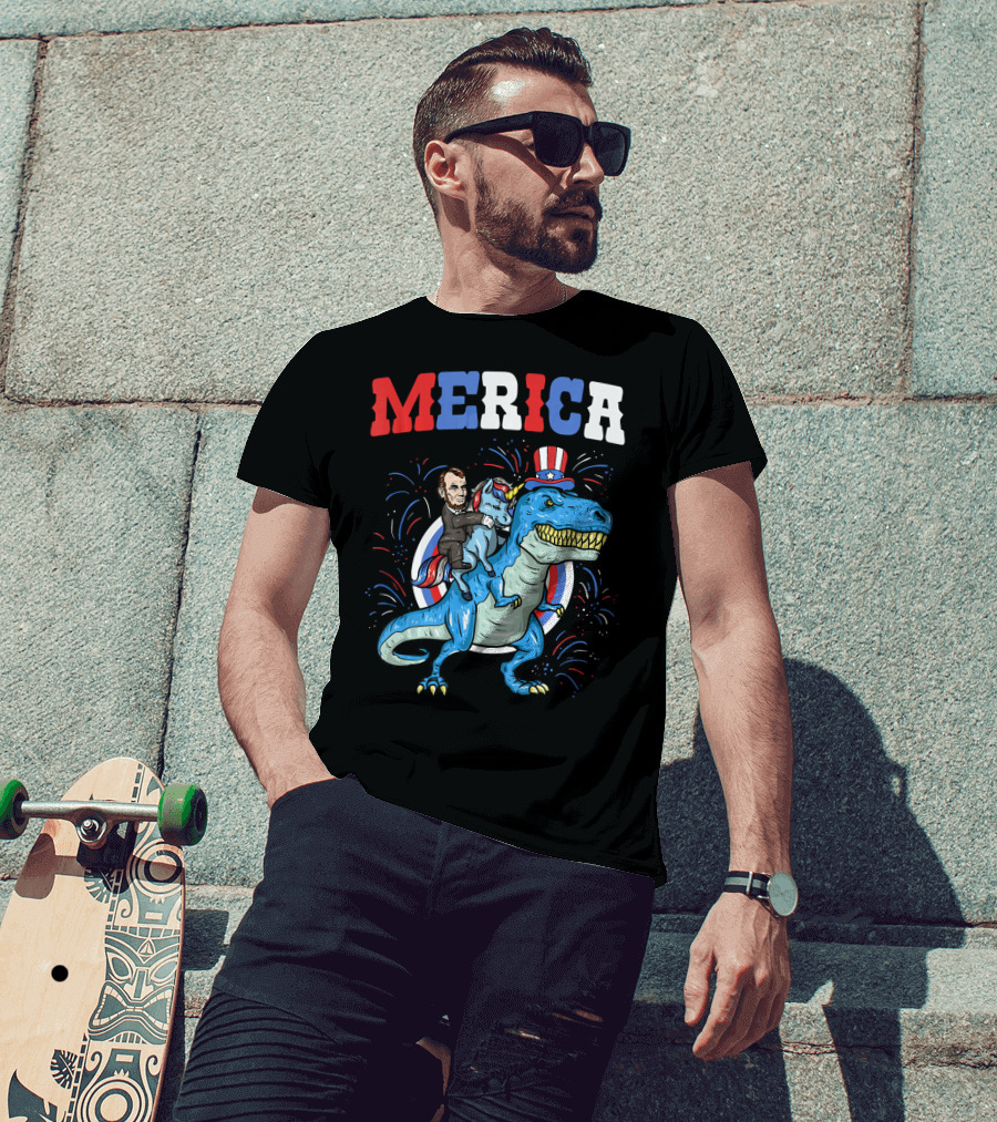 Merica Abe Lincoln Riding Unicorn On T-Rex With Patriotic Hat T-Shirt