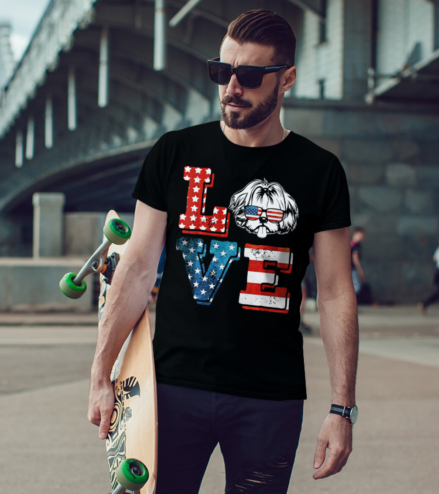 Love Shih Tzu Patriotic American Flag Sunglasses T-Shirt