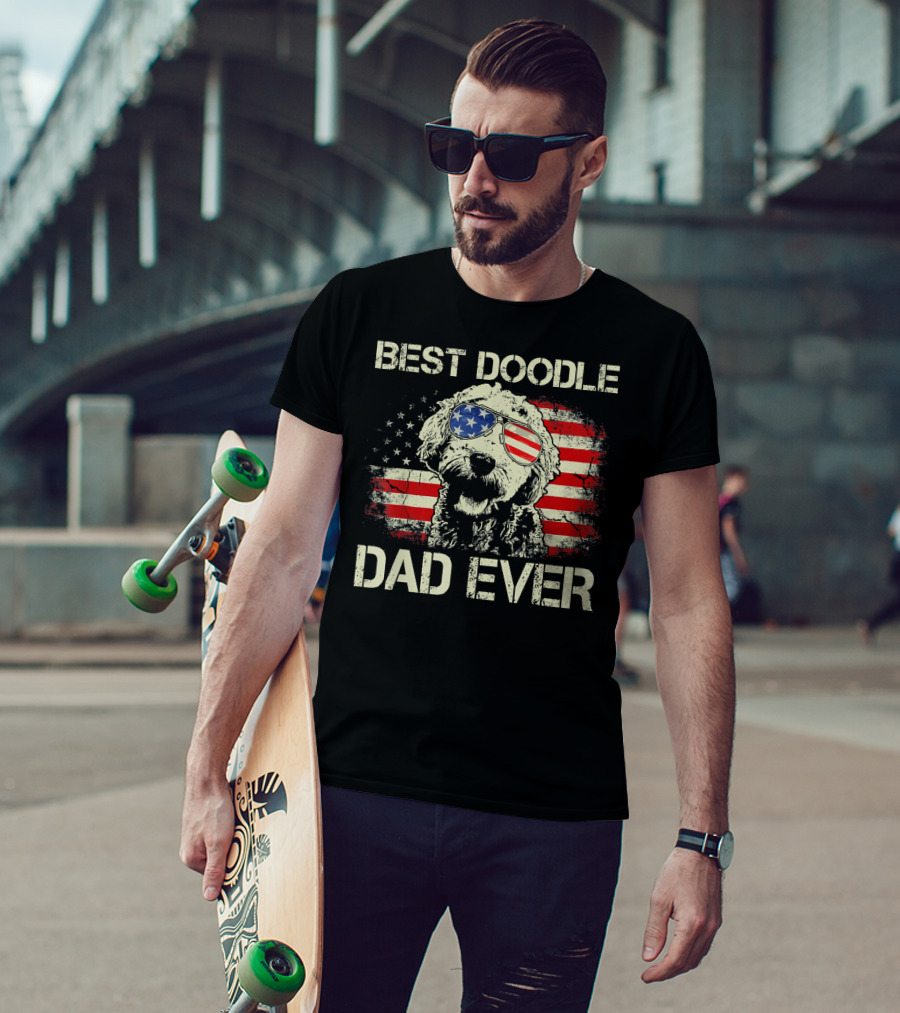 Best Doodle Dad Ever USA Flag Sunglasses Dog T-Shirt
