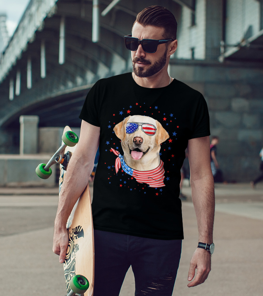 American Flag Labrador With Patriotic Sunglasses And Scarf Surrounded By Stars T-Shirt