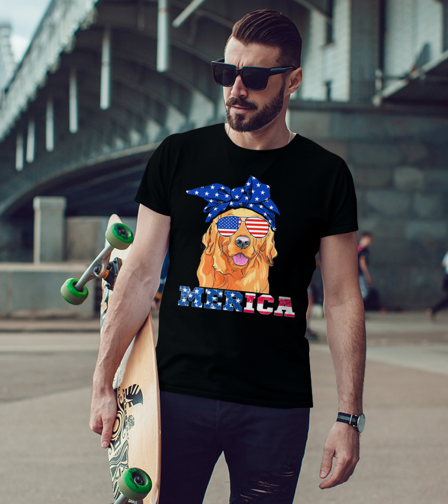 Merica Patriotic Golden Retriever With American Flag Bandana And Sunglasses T-Shirt