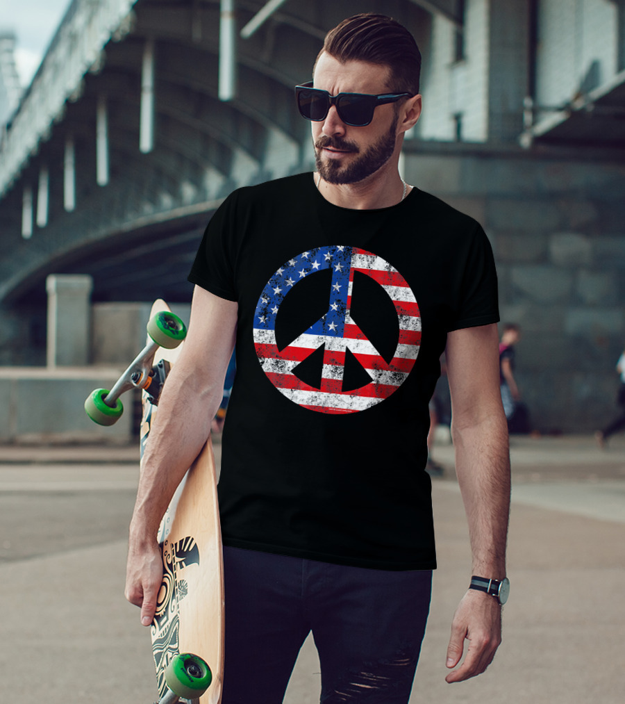 Vintage Patriotic Peace Sign American Flag T-Shirt