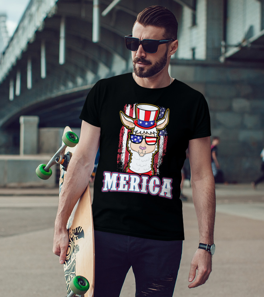 Patriotic Llama Merica American Flag US T-Shirt
