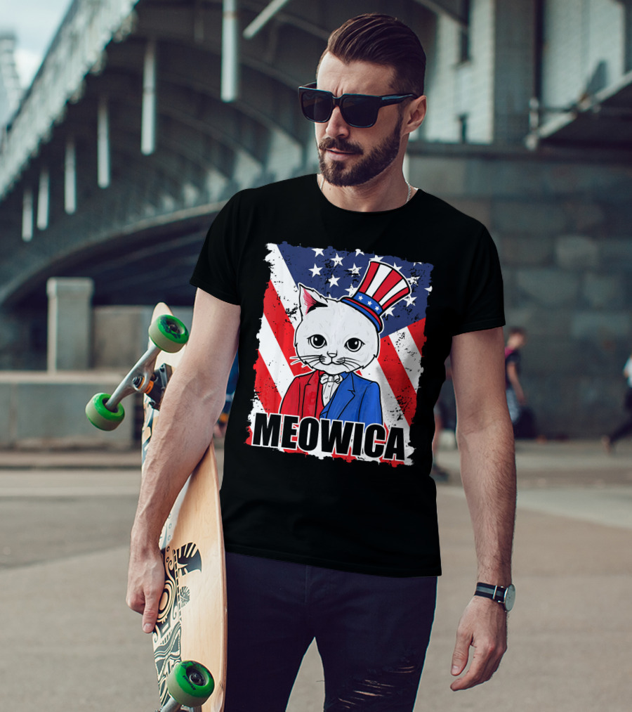 Meowica Cat With Uncle Sam Hat And American Flag Background T-Shirt