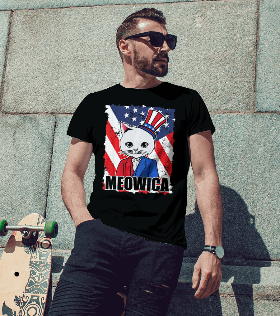 Meowica Cat With Uncle Sam Hat And American Flag Background T-Shirt