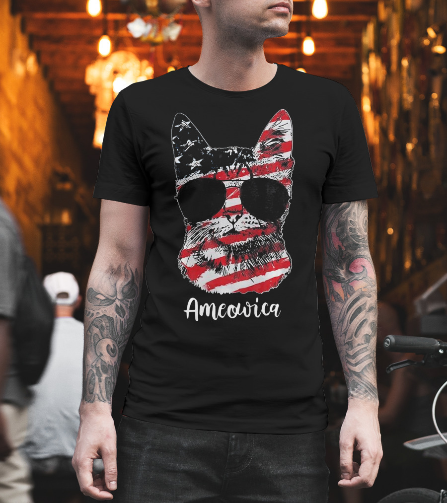 Ameowica Cat Wearing American Flag Pattern with Sunglasses T-Shirt
