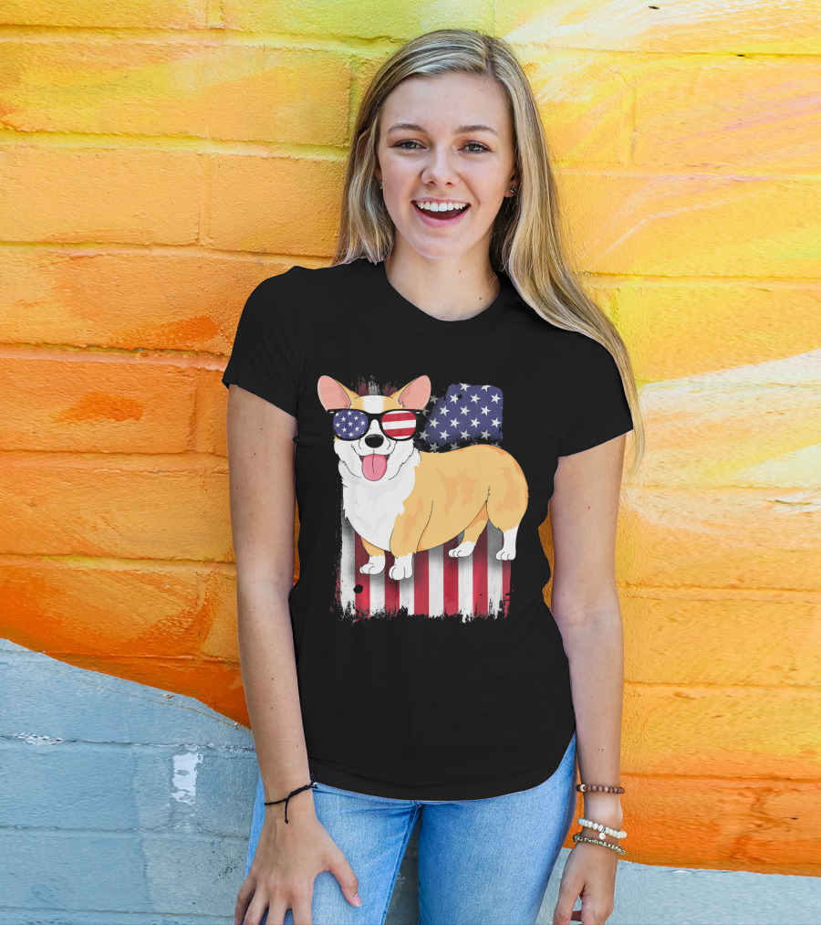 Corgi American Flag Sunglasses Patriotic Spirit T-Shirt