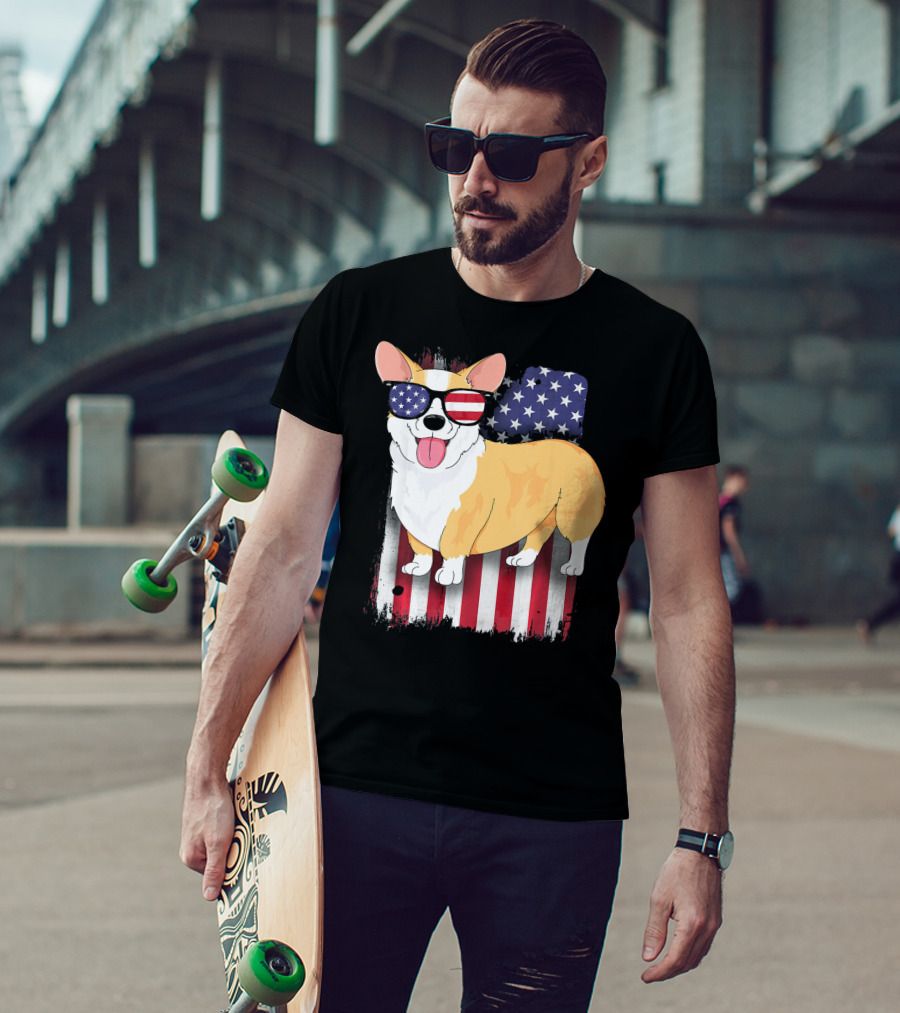 Corgi American Flag Sunglasses Patriotic Spirit T-Shirt