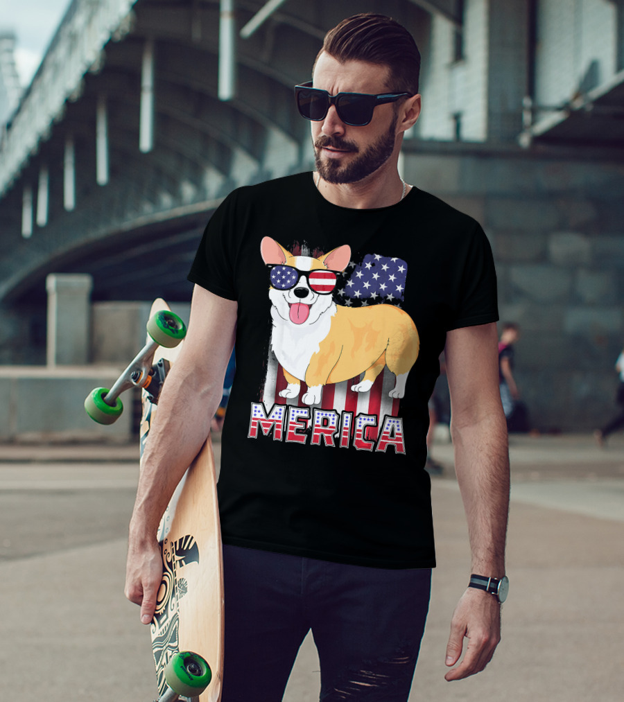 Corgi USA Merica Boys Patriotic Dog American Flag Sunglasses T-Shirt