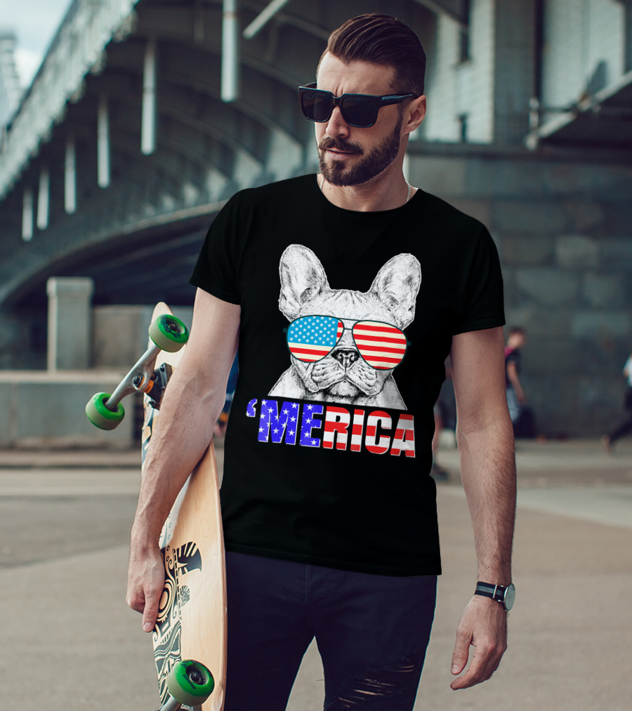 Funny French Bull Dog 'Merica With American Flag Sunglasses T-Shirt
