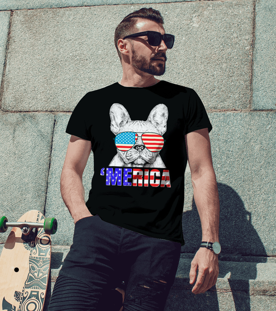 Funny French Bull Dog 'Merica With American Flag Sunglasses T-Shirt