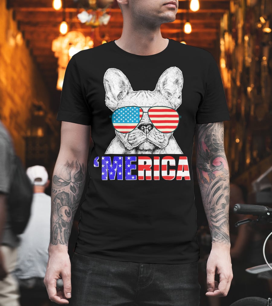 Funny French Bull Dog 'Merica With American Flag Sunglasses T-Shirt