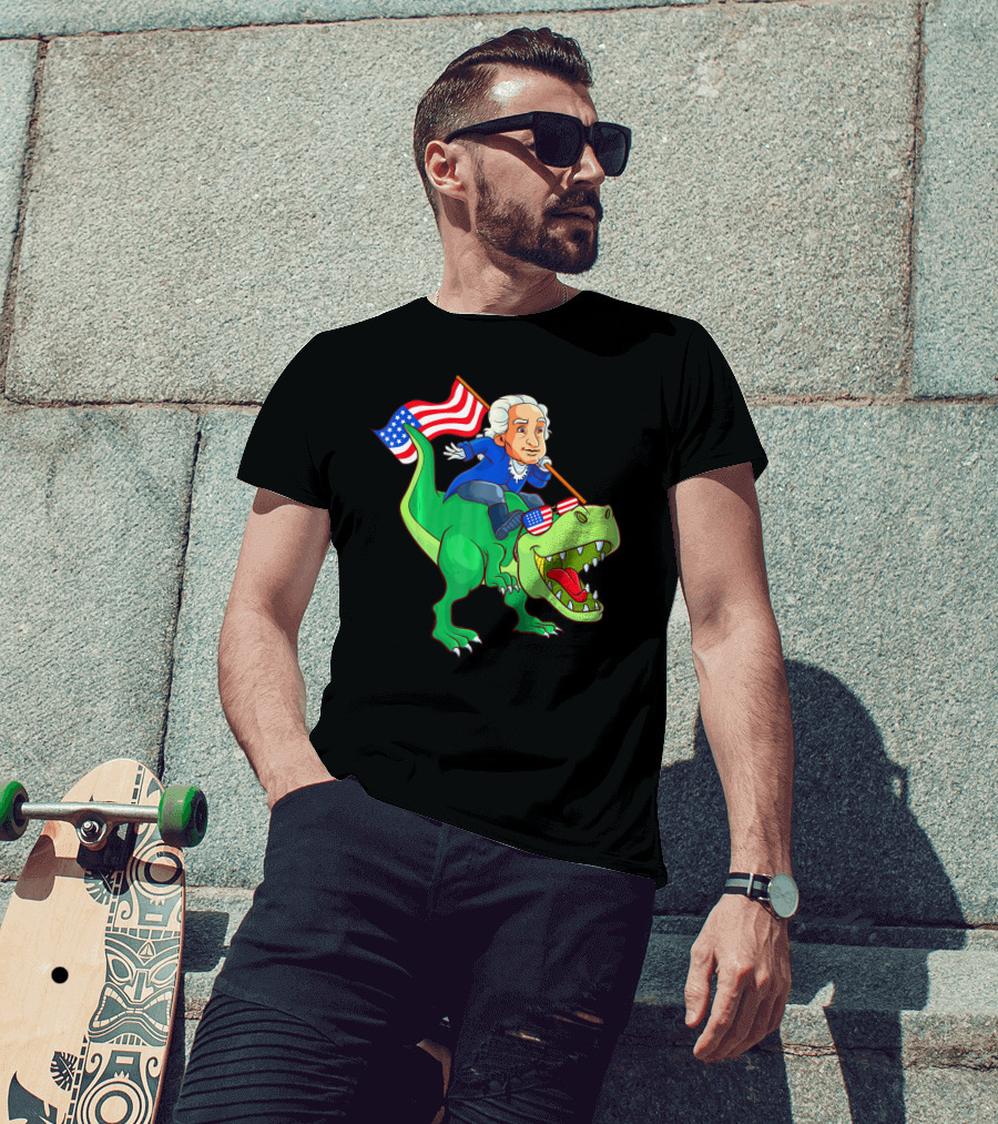 George Washington Riding Rex Dinosaur With American Flag And Sunglasses T-Shirt