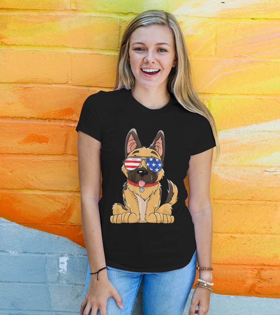 German Shepherd USA Flag Sunglasses T-Shirt
