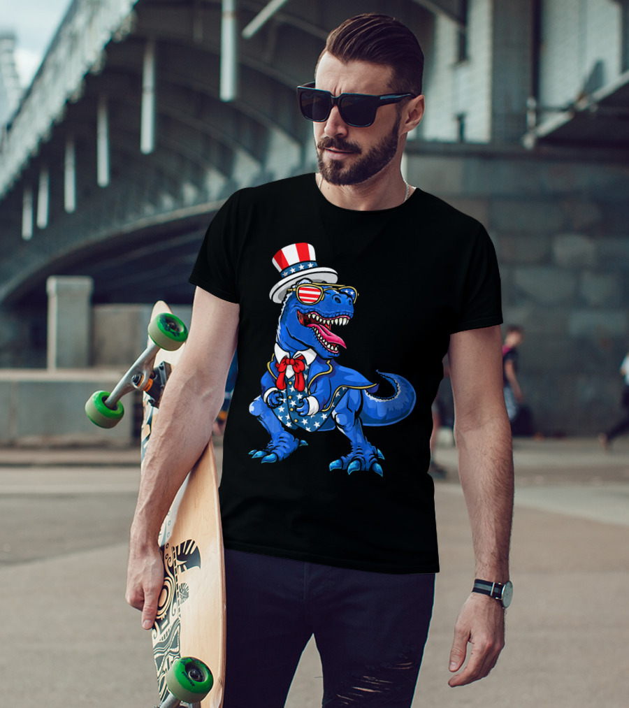 Patriotic Dinosaur With American Flag Hat And Glasses T-Shirt