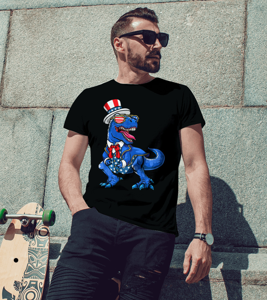 Patriotic Dinosaur With American Flag Hat And Glasses T-Shirt