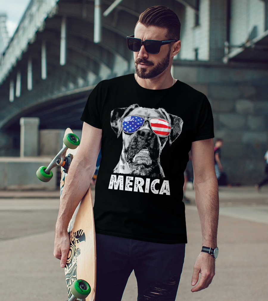 Merica Boxer Dog With American Flag Sunglasses T-Shirt