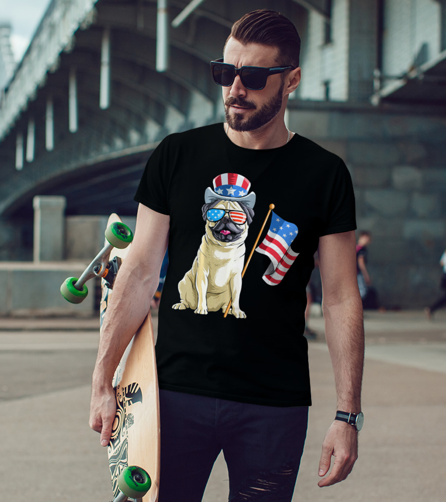 Pug In Patriotic Hat And Sunglasses Holding American Flag T-Shirt