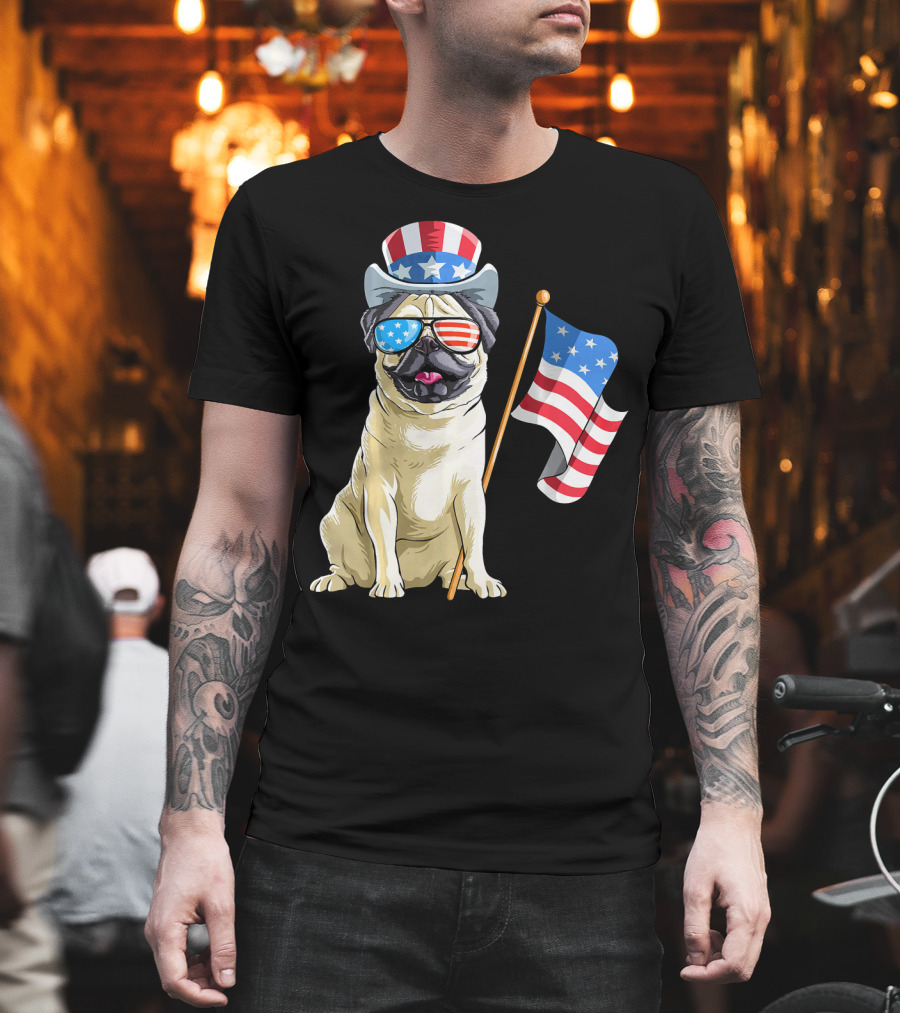 Pug in Patriotic Hat and Sunglasses Holding American Flag T-Shirt