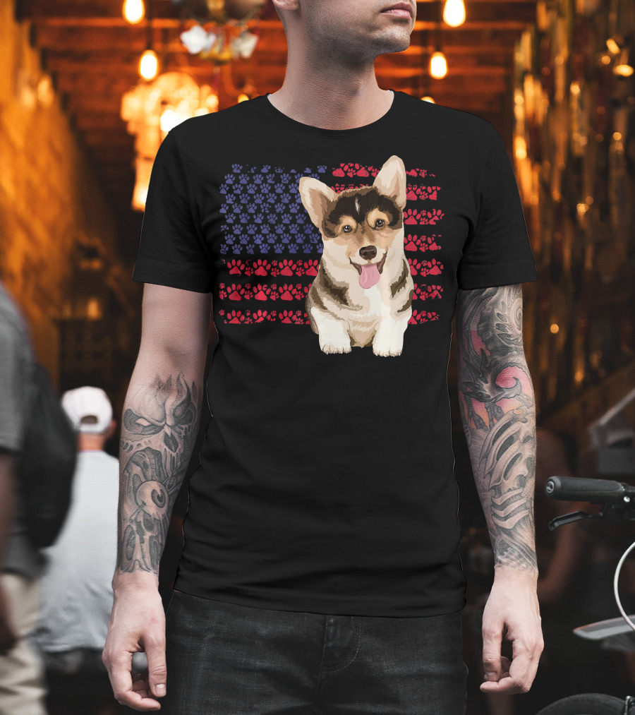 American Flag Corgi Dog with Paw Prints T-Shirt