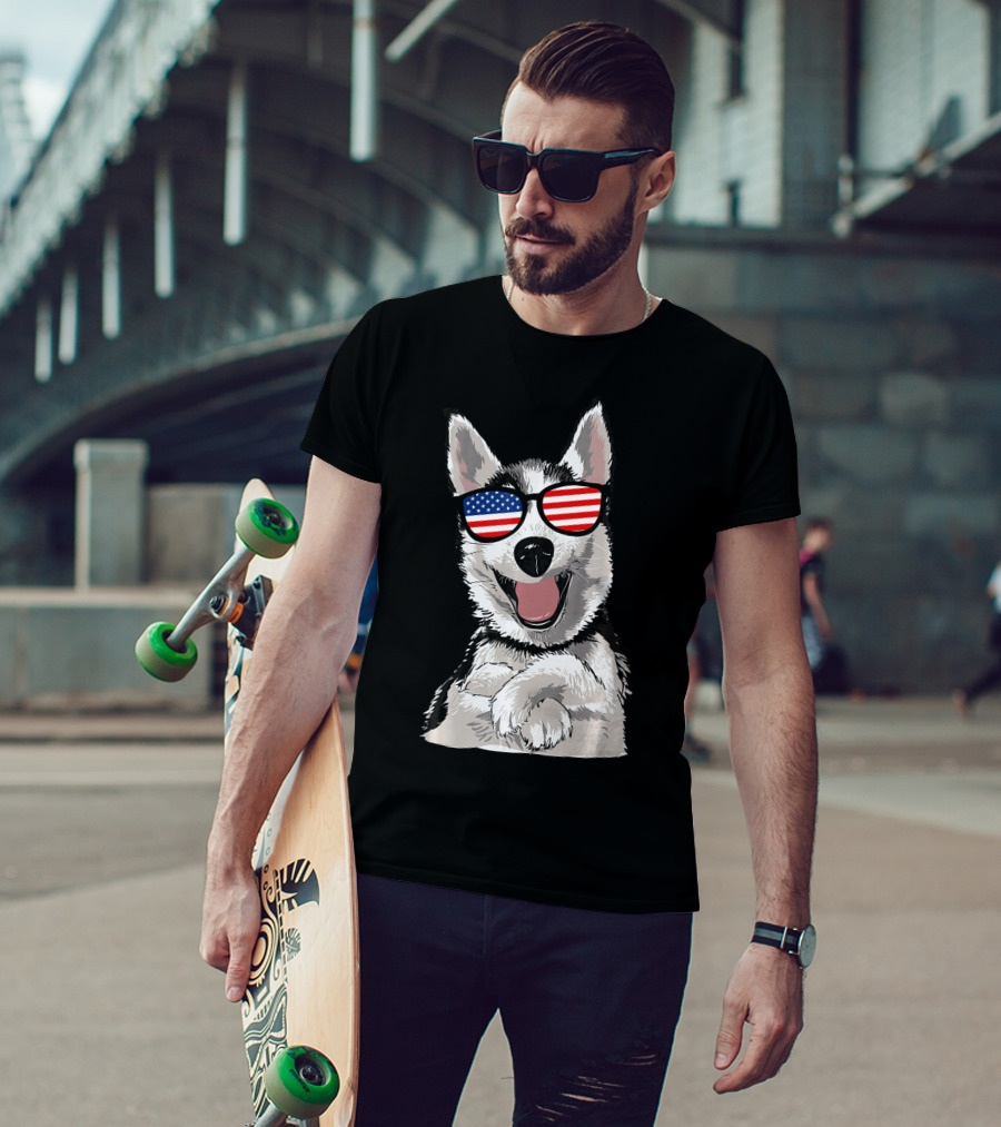 Patriotic Dog Husky With American Flag Sunglasses T-Shirt