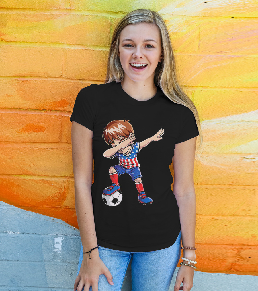 Dabbing Soccer Boy With American Flag Jersey T-Shirt