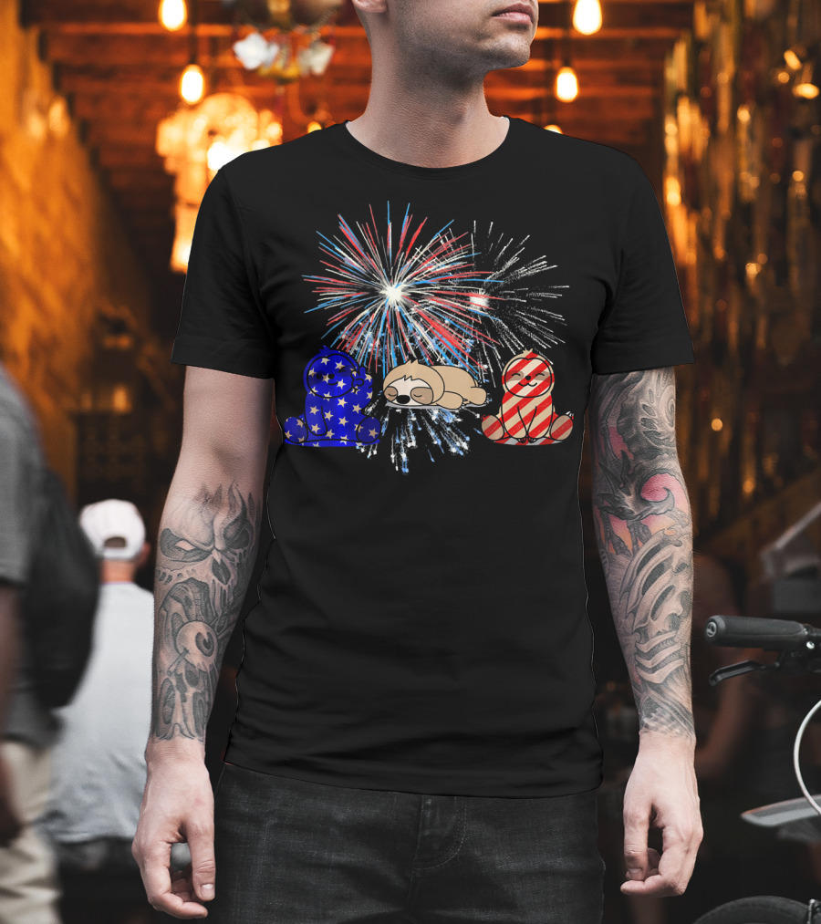 Red White Blue Sloth Fireworks Patriotic T-Shirt