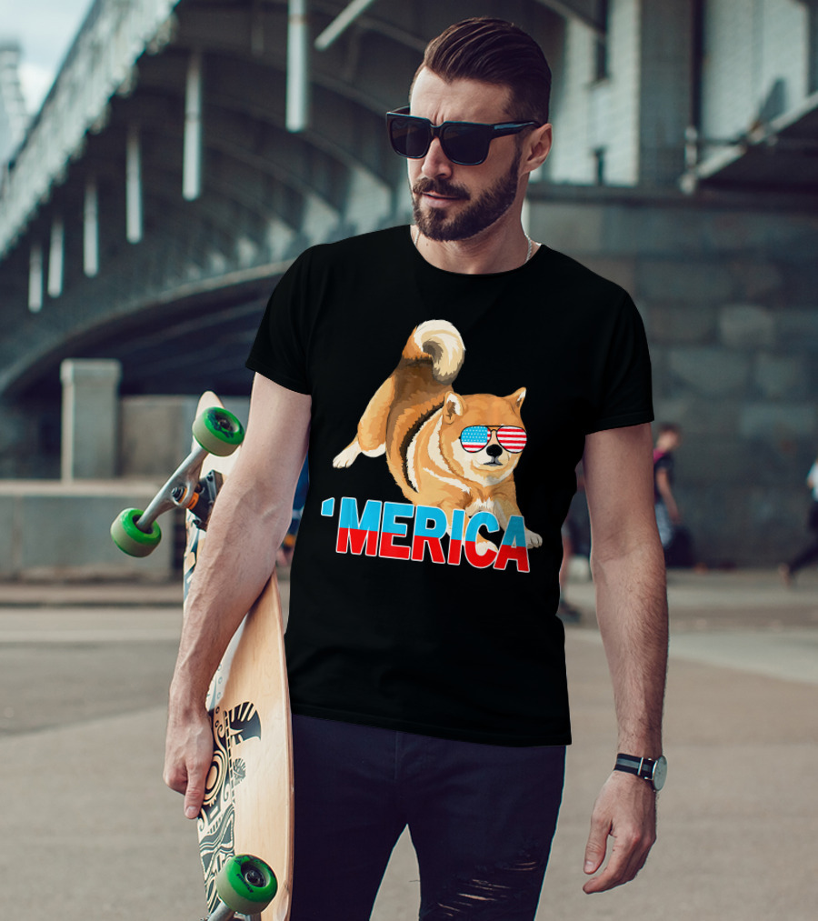 Merica Shiba Inu With American Flag Sunglasses T-Shirt