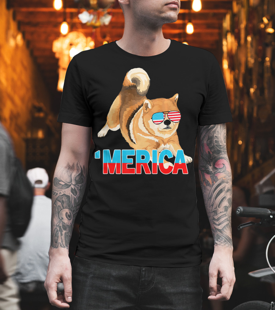 Merica Shiba Inu With American Flag Sunglasses T-Shirt